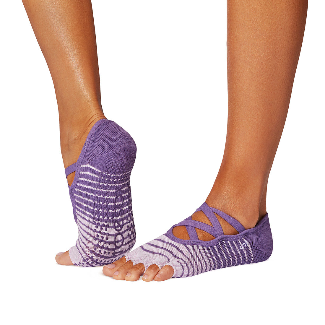 ToeSox Half Toe Elle kojinės atvirais pirštais, spalva Grape Stripe – ant pėdų, vaizdas iš šono