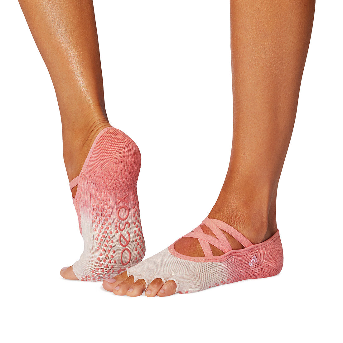ToeSox Half Toe Elle kojinės atvirais pirštais, spalva Hot Coral Ombre – ant pėdų, vaizdas iš šono
