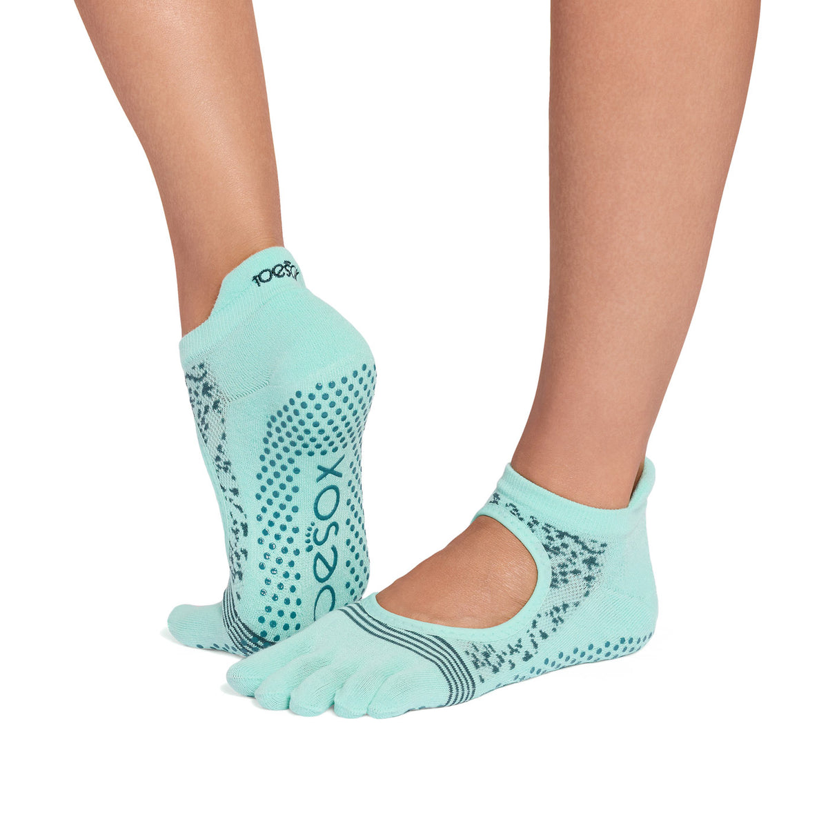 ToeSox Full Toe Bellarina Tec pirštuotos kojinės, spalva Aquamarine – ant pėdų, vaizdas iš šono