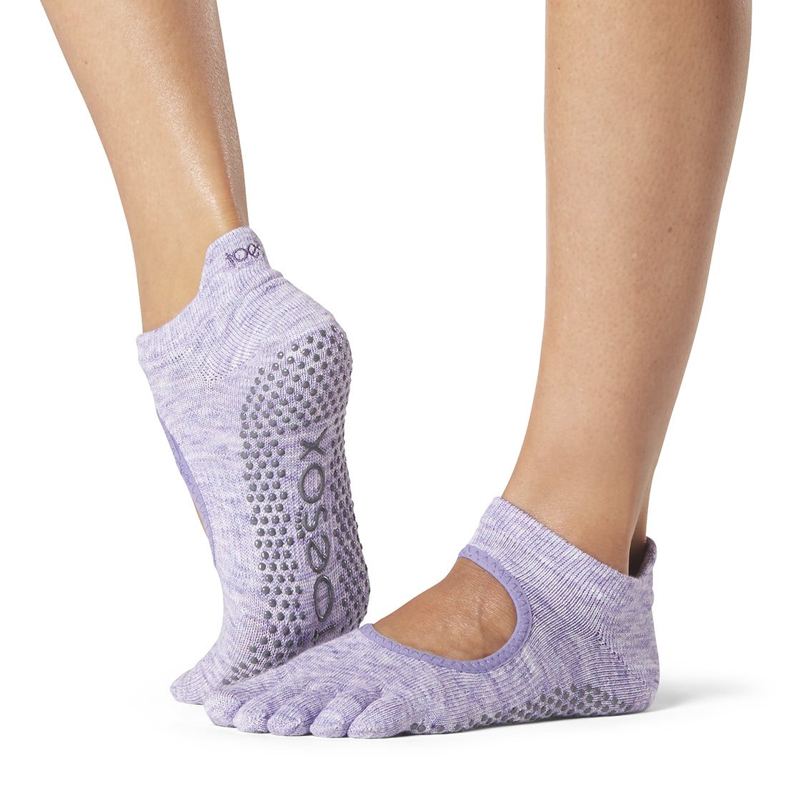 ToeSox Full Toe Bellarina pirštuotos kojinės, spalva Heather purple – ant pėdų, vaizdas iš šono