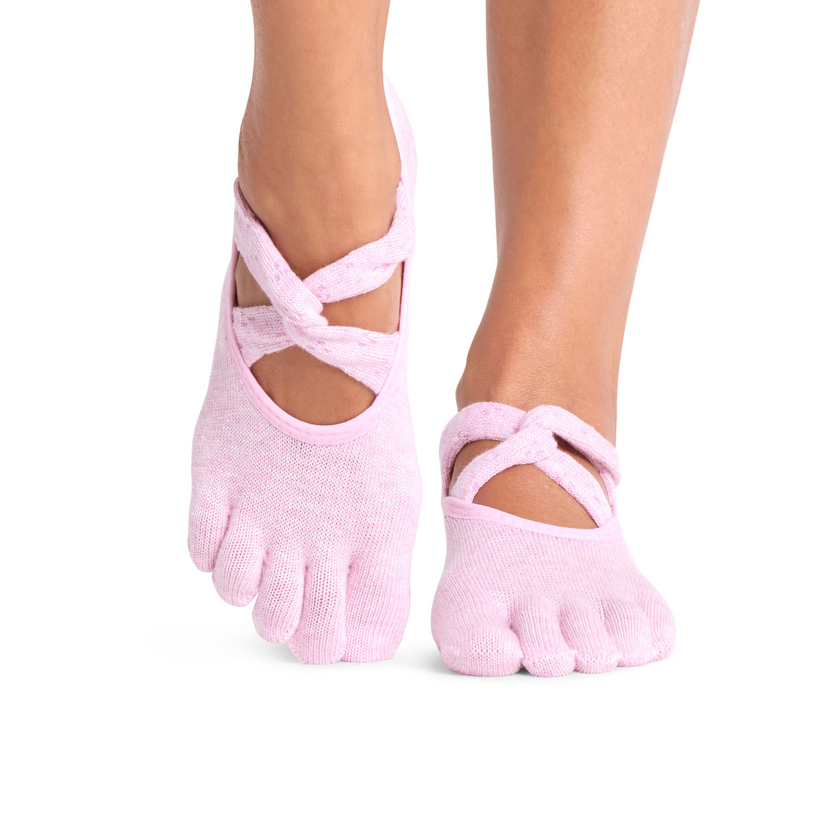 ToeSox Full Toe Ivy pirštuotos kojinės, spalva Rosy Melange – ant pėdų, vaizdas iš priekio